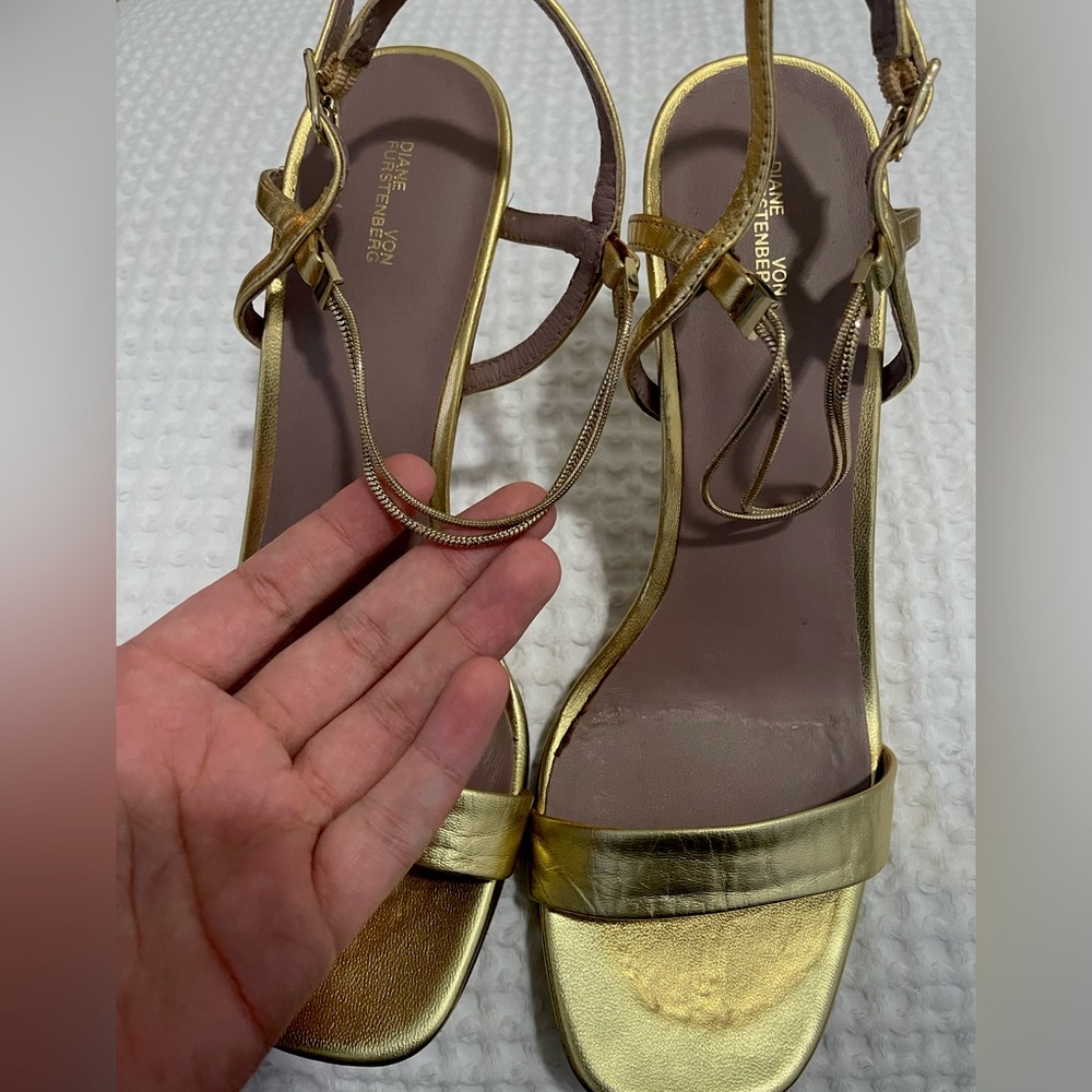 $300 DVF | Frankie Gold Chain Slingback Sandals 37.5 /US 7.5